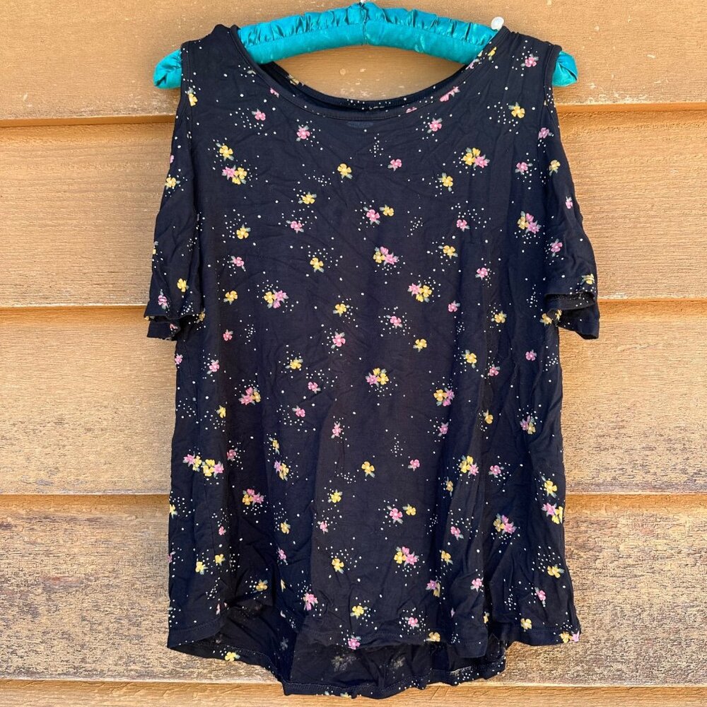 Old Navy Cold Shoulder Floral Top Girls Size L 10/12 Black With Yellow & Pink Fl - Picture 1 of 10